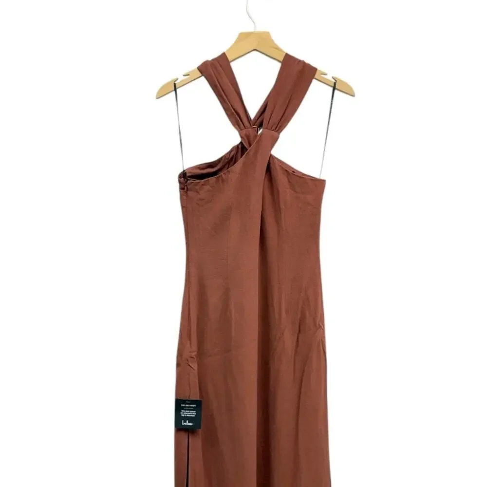 Lulus Calessia Rust Brown Linen Halter Neck Midi Dress size Medium NWT - Picture 5 of 6